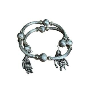 Vintage Bracelet Textured Silver Tone Double Loop Bead Tassel Coil